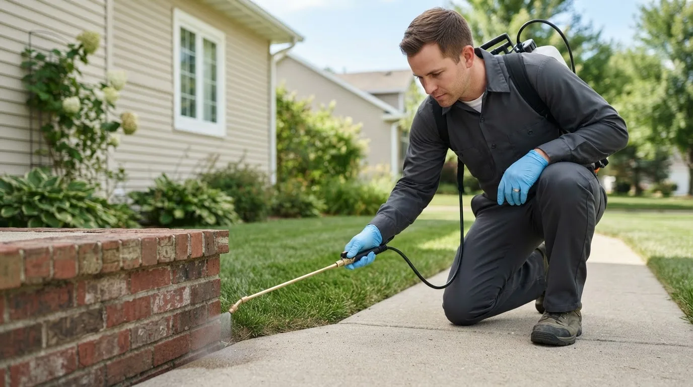 Pest control technician treating a home near Clarendon, PA